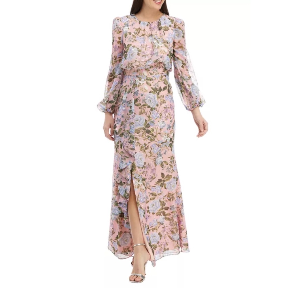 Eliza J. Long Sleeve Puff Shoulder Floral Gown